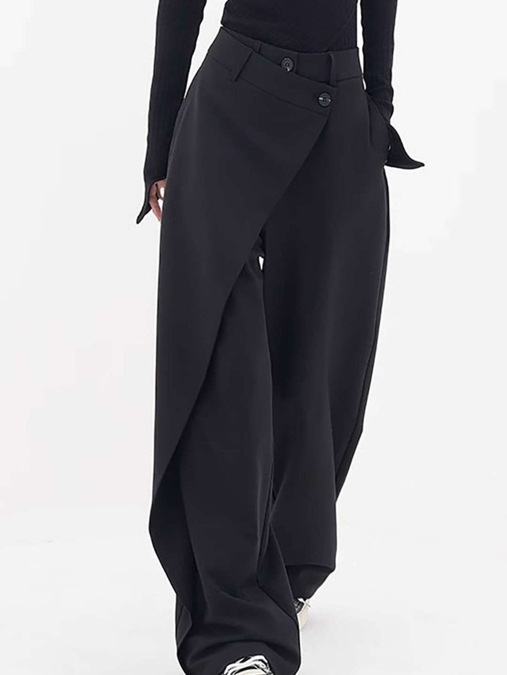 Wide-Leg Wrap Front Pants in Black